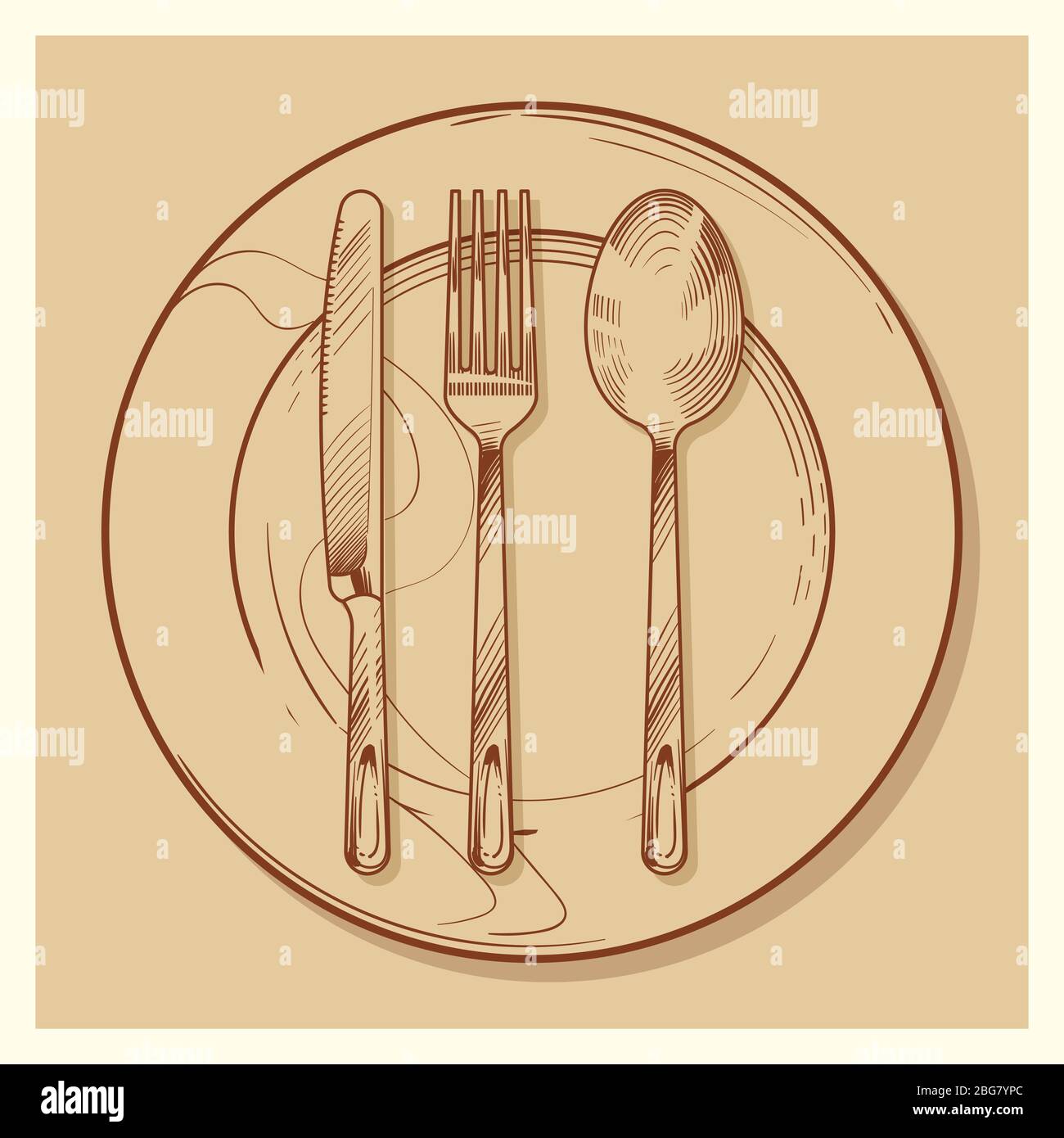 Hand sketched vintage cutlery and plate for restaurant menu design vector illustration Stock Vector