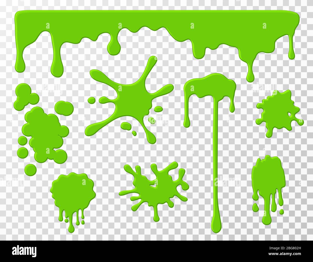 Dripping slime. Green goo dripping liquid snot, blots and splashes. Cartoon slime splodges vector set isolated. Illustration of liquid drip, slime and drop, blob stain green Stock Vector