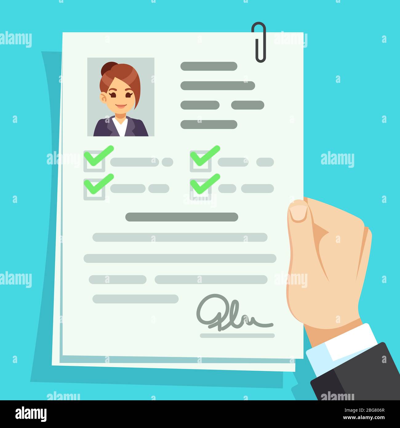Cv document. Qualification personal documentation with girl avatar vector concept. Interview personal document in hand illustration Stock Vector