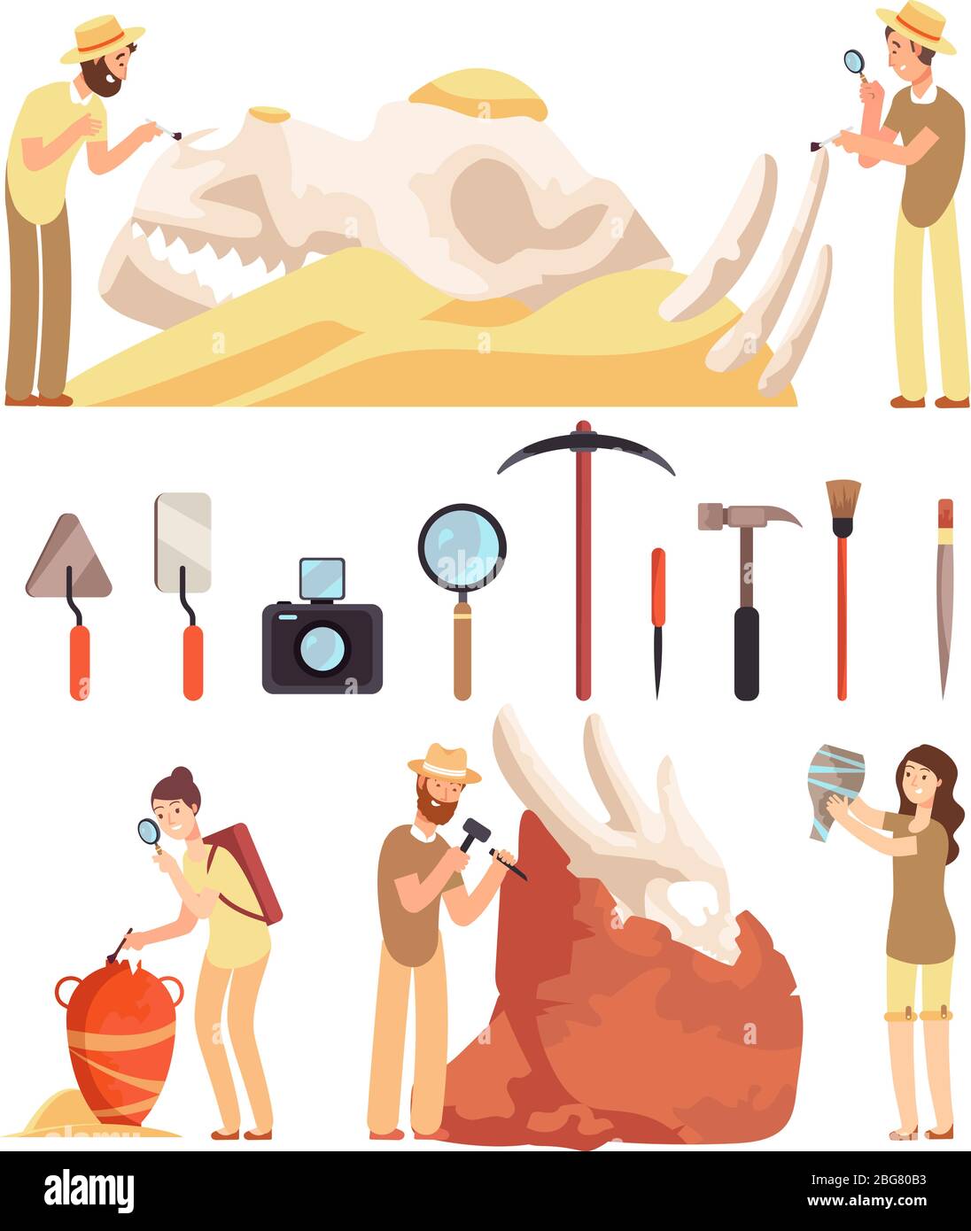 Archaeology work. Paleontologist discover historic artifacts. Archaeologist works with archaeologic tools. Vector characters set of people archaeologica professor and instruments illustration Stock Vector