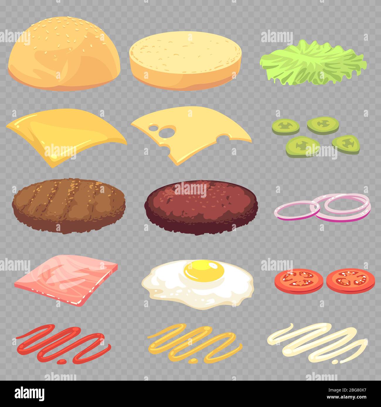Sandwich, burger, cheeseburger food ingredients cartoon vector set isolated on transparent background. Vector cheese and meat, tasty and fast illustra Stock Vector