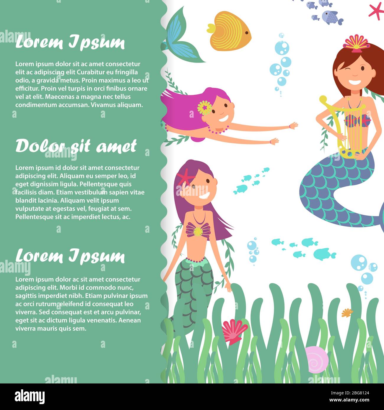 Kids banner poster template with fish, fairy mermaids, sealife. Vector illustration Stock Vector