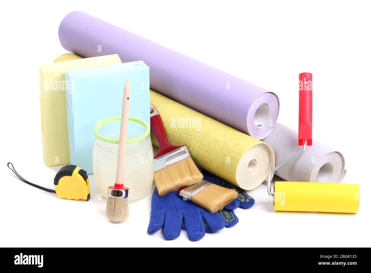 Wallpaper and accessories for glue wallpaper, isolated on white Stock