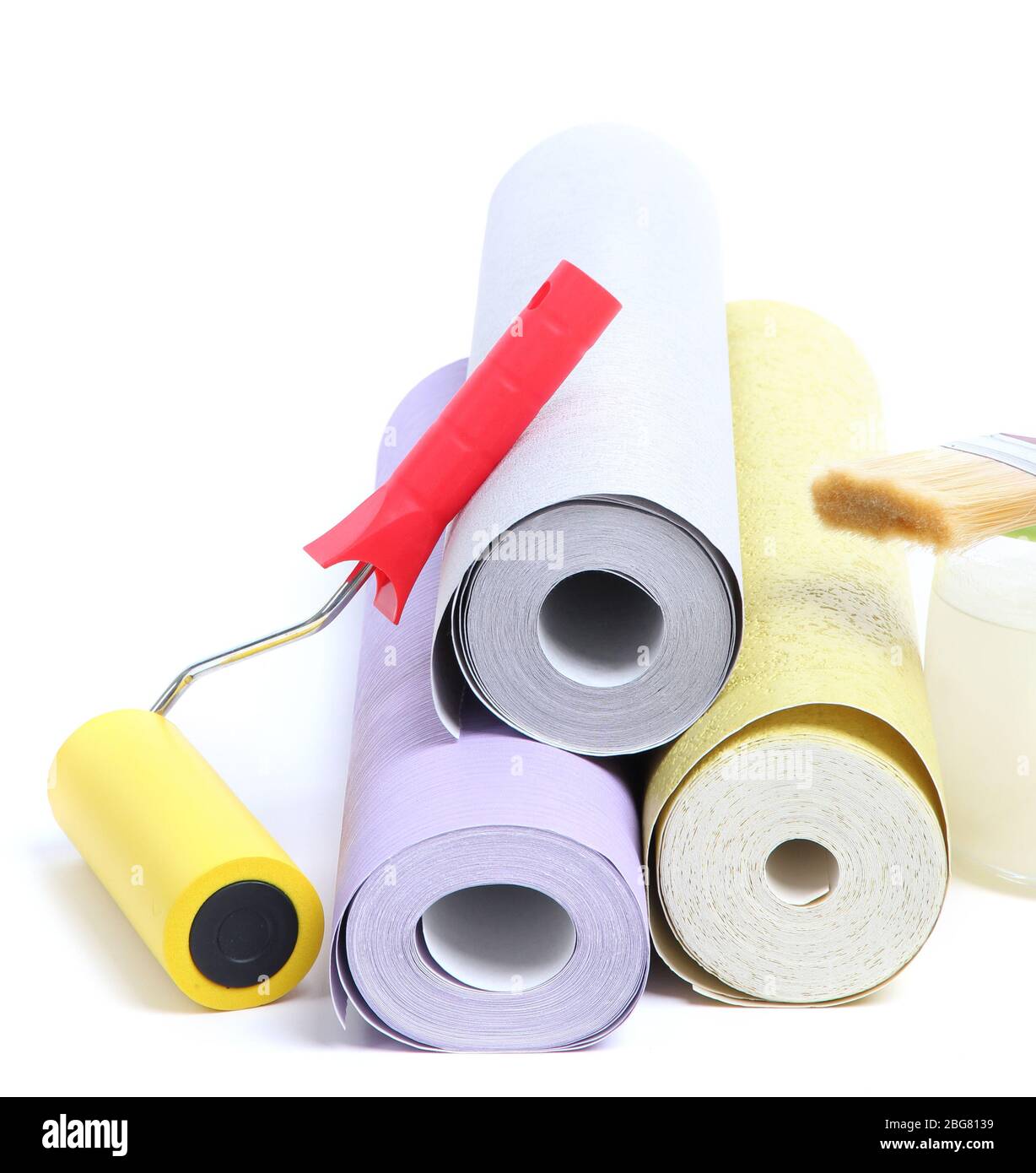 Wallpaper and accessories for glue wallpaper, isolated on white Stock