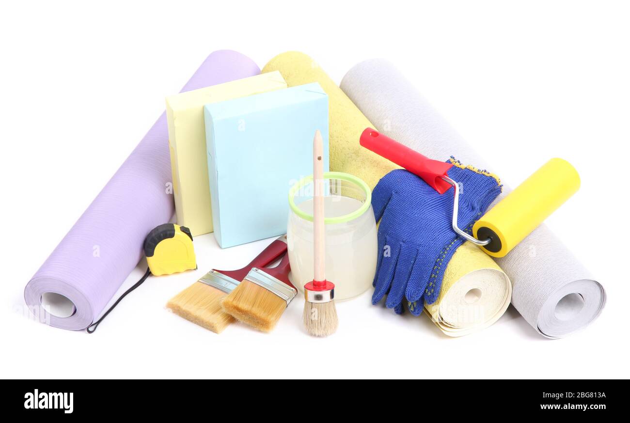 Wallpaper and accessories for glue wallpaper, isolated on white Stock