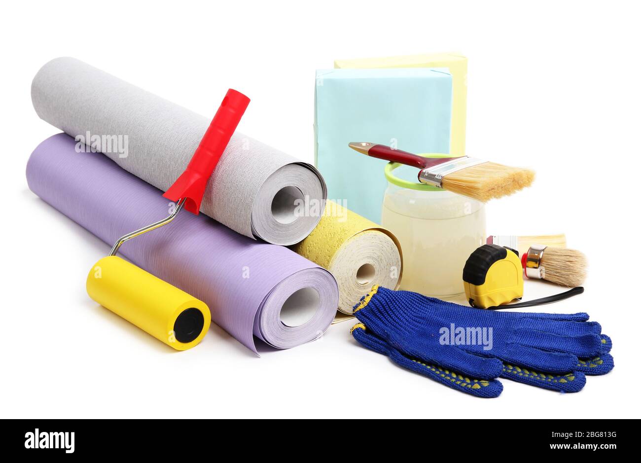 Wallpaper and accessories for glue wallpaper, isolated on white Stock