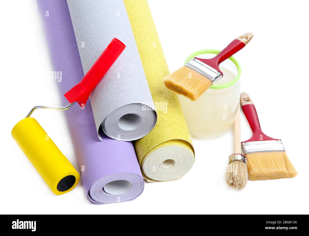 Wallpaper and accessories for glue wallpaper, isolated on white Stock