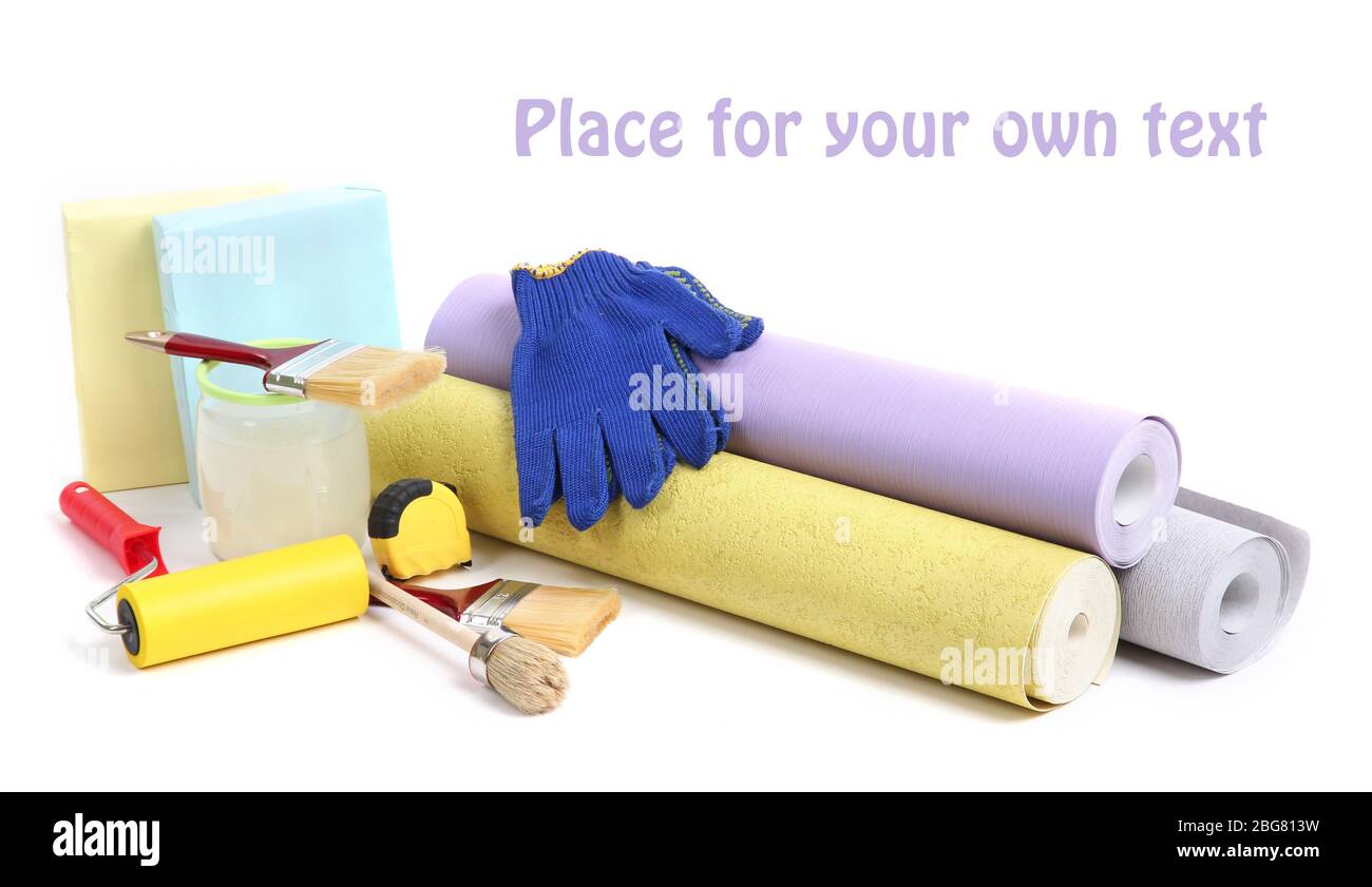 Wallpaper and accessories for glue wallpaper, isolated on white Stock