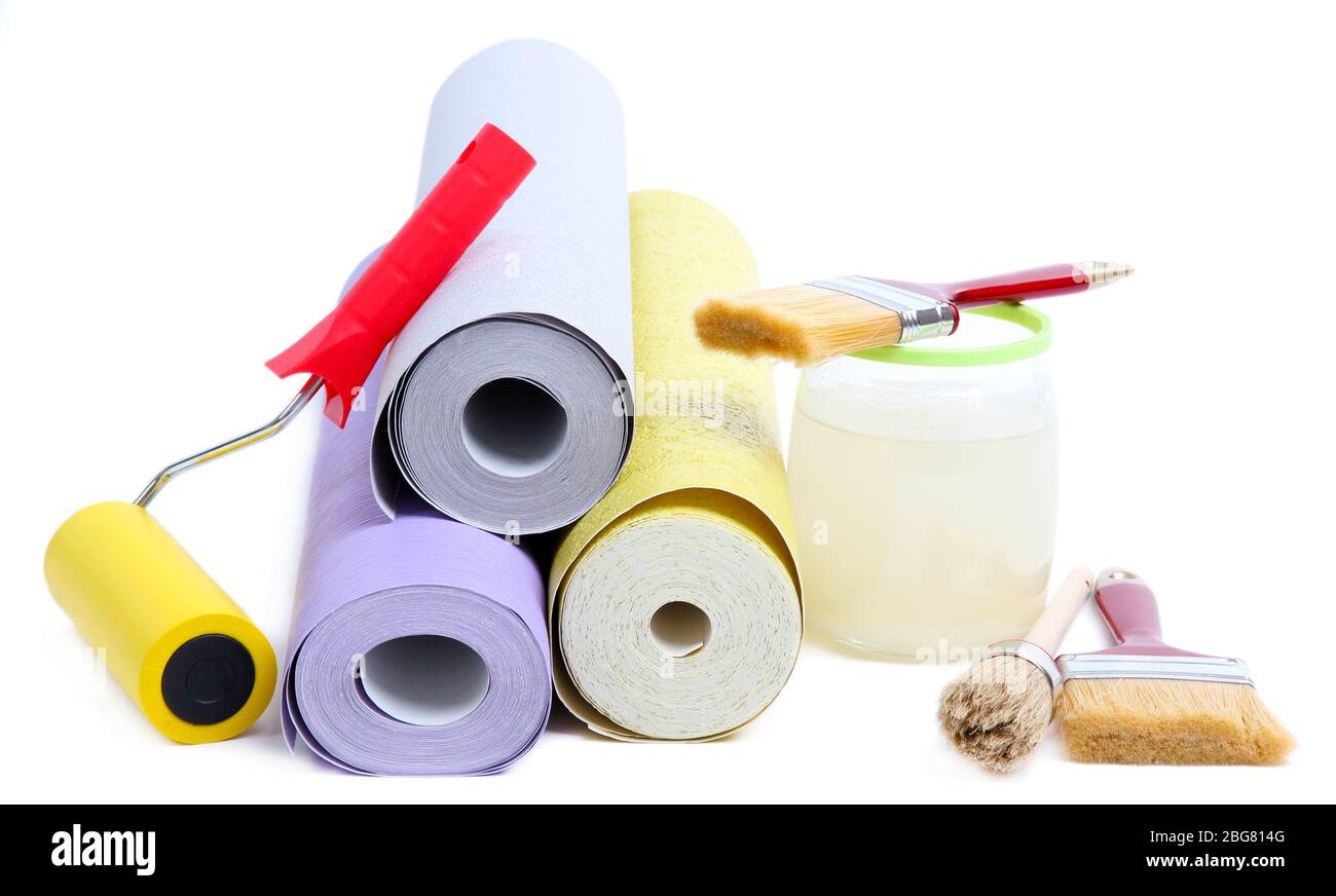 Wallpaper and accessories for glue wallpaper, isolated on white Stock