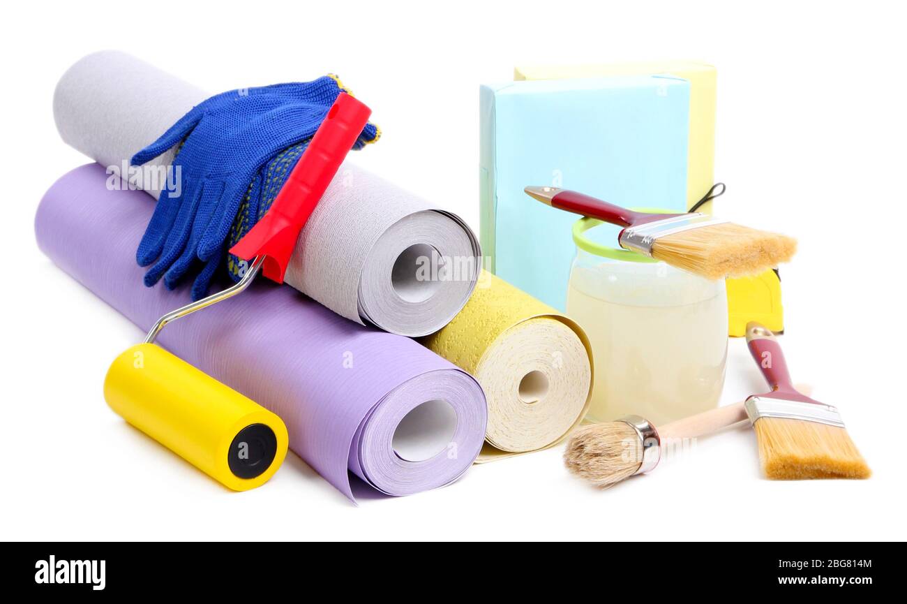 Wallpaper and accessories for glue wallpaper, isolated on white Stock