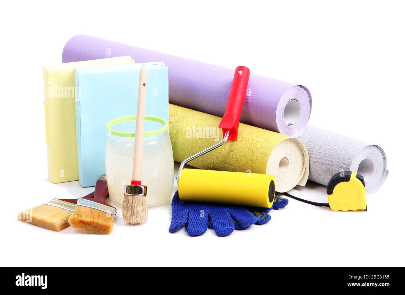 Wallpaper and accessories for glue wallpaper, isolated on white Stock