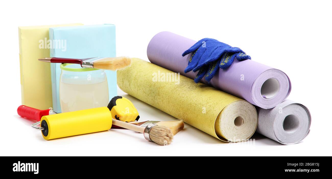 Wallpaper and accessories for glue wallpaper, isolated on white Stock