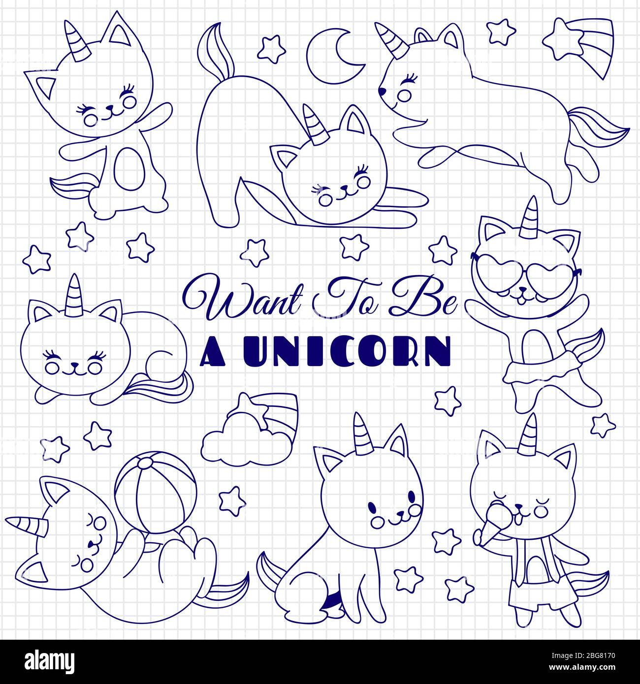 Cute cats like unicorn vector set. Cartoon kittens on school notebook page. Illustration of unicorn cat drawing, funny animal smile Stock Vector