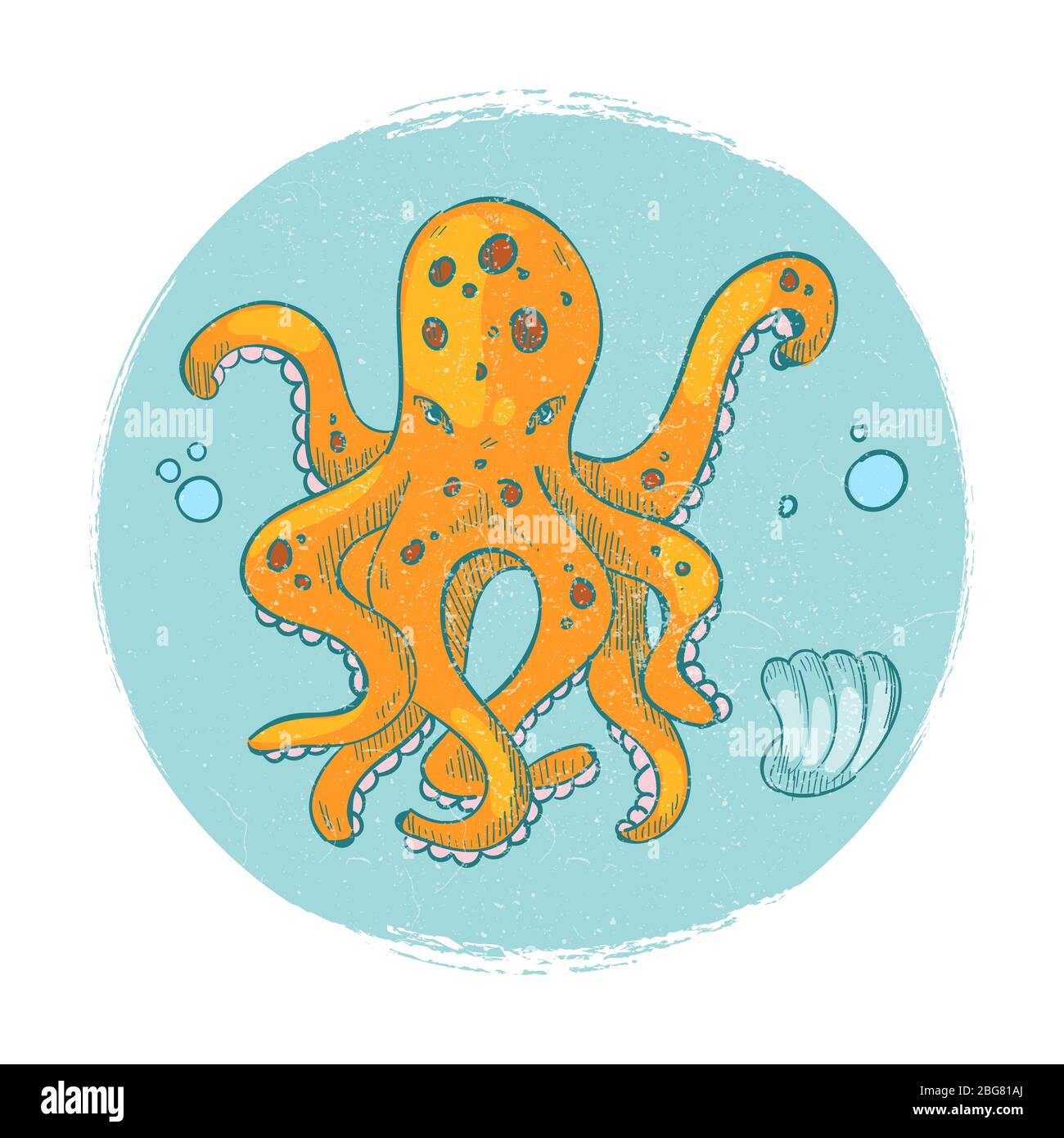 Cartoon character octopus emblem. Grunge vector ocean animal logo icon isolated illustration Stock Vector