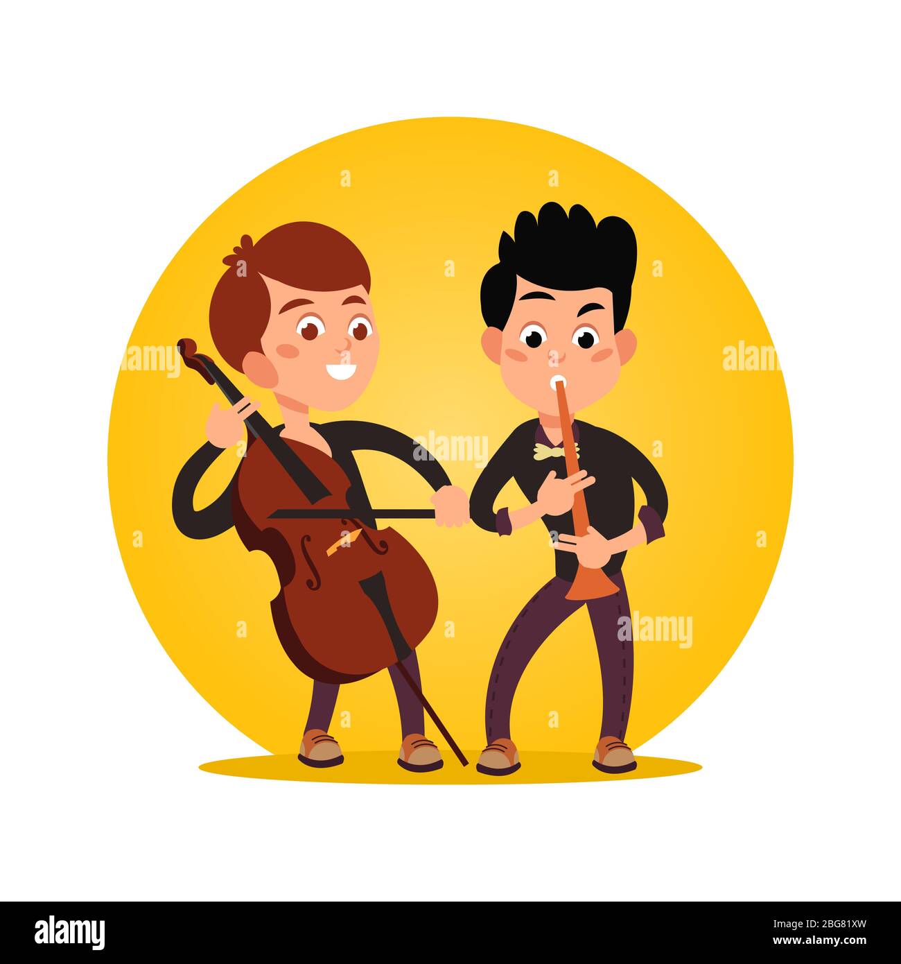 Two male teenagers playing classic instrumental music icon isolated on white. Vector illustration Stock Vector