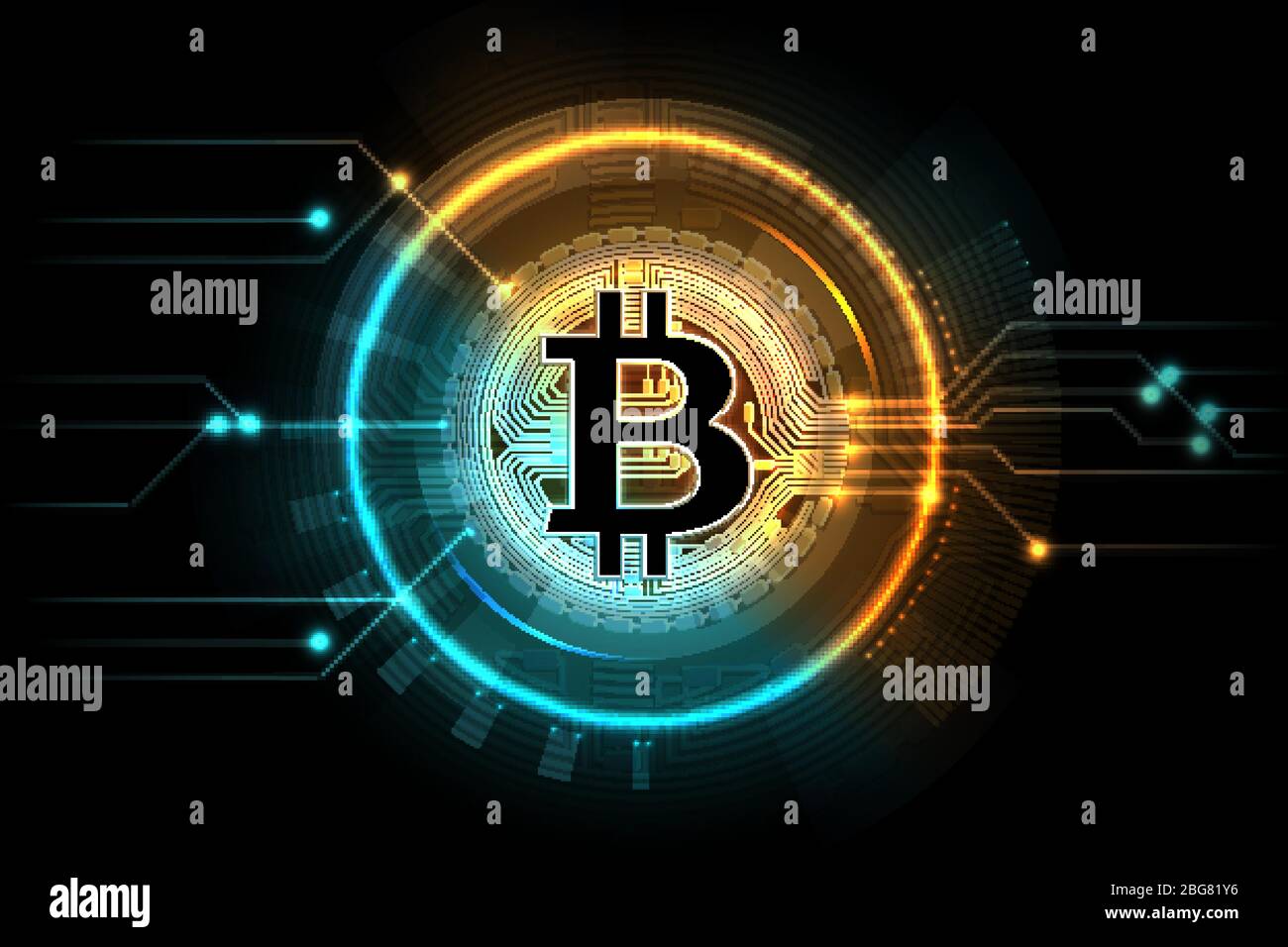 Gold bitcoin. Mining business symbol, internet exchange digital market. Cryptocurrency, blockchain technology vector background. Bitcoin virtual, btc Stock Vector