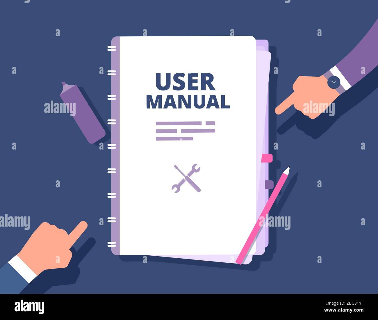 User guide document. User manual, reference with people hands. Handbook, instruction and guidebook vector concept. Hand book guide, guidebook tutorial, help and instruction illustration Stock Vector