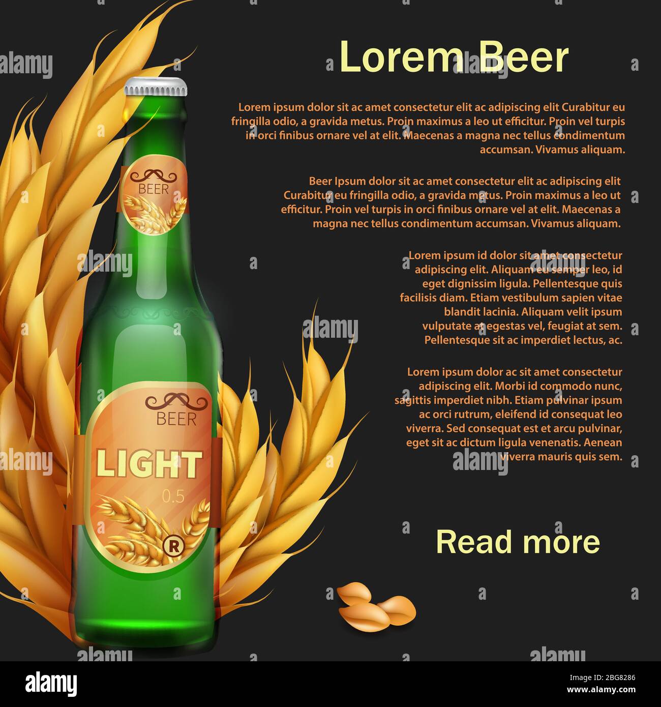 Realistic beer bottle and rye background or web page design. Vector illustration Stock Vector