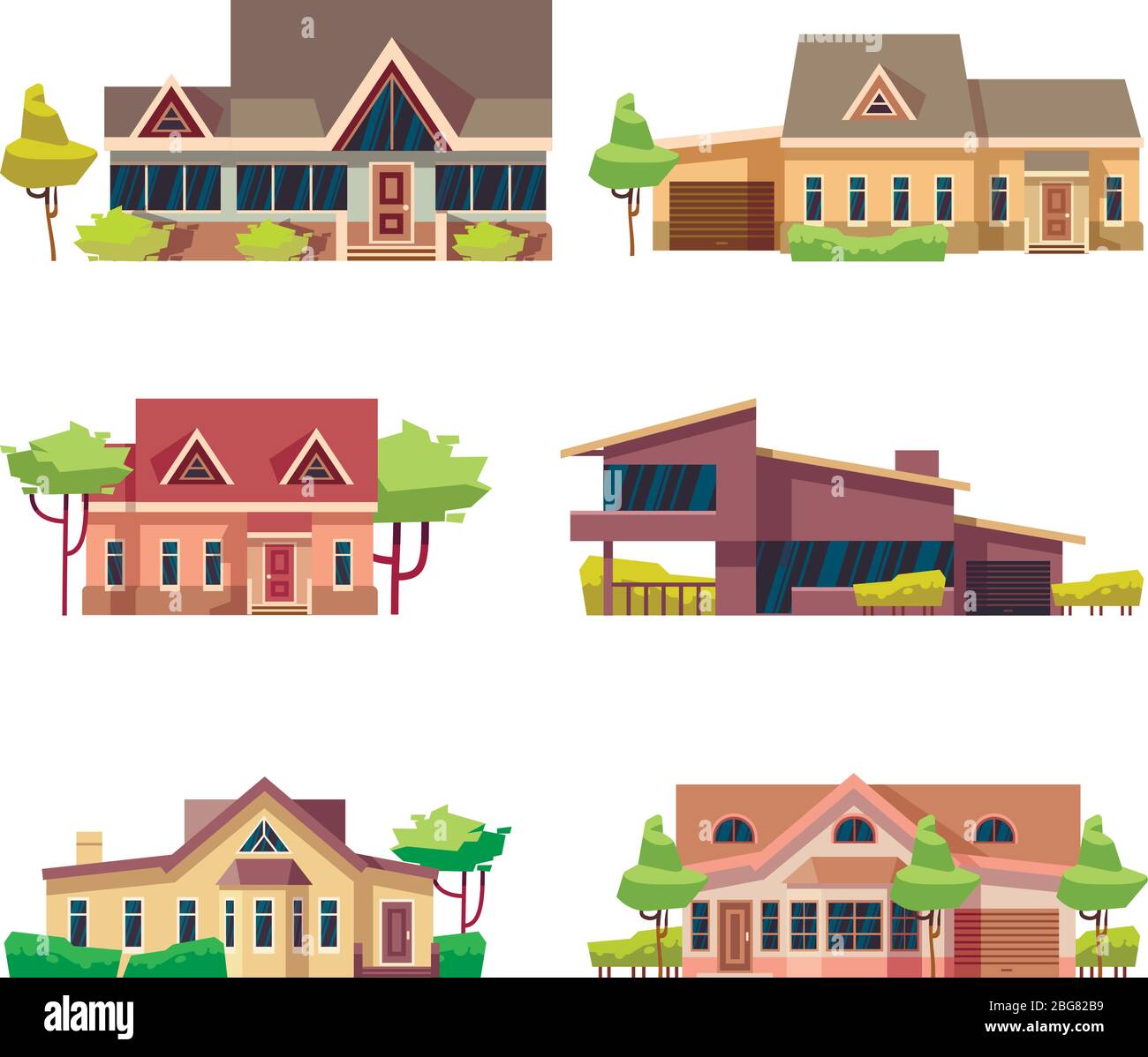 Private residential cottage houses icons. Colored flat vector ...