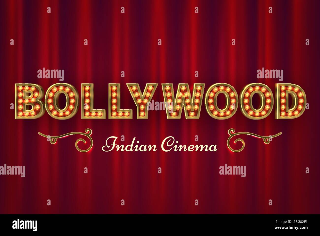 Bollywood cinema poster. Vintage indian classic movie vector background with red curtains. Illustration of lettering bollywood india, cinematography e Stock Vector