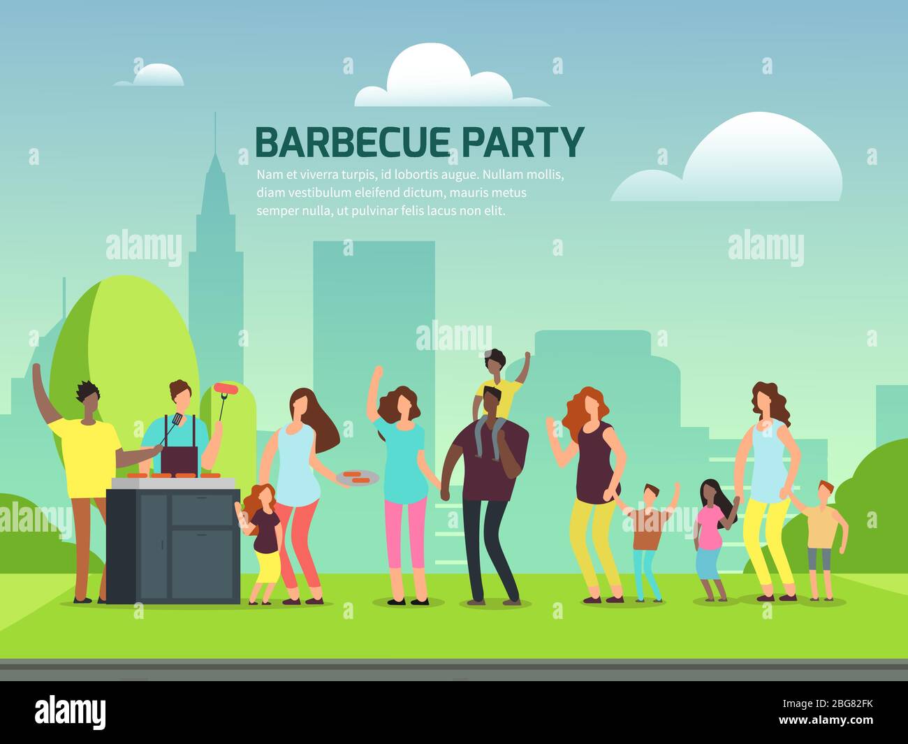Barbeque party banner design. Cartoon character international families in park vector illustration Stock Vector