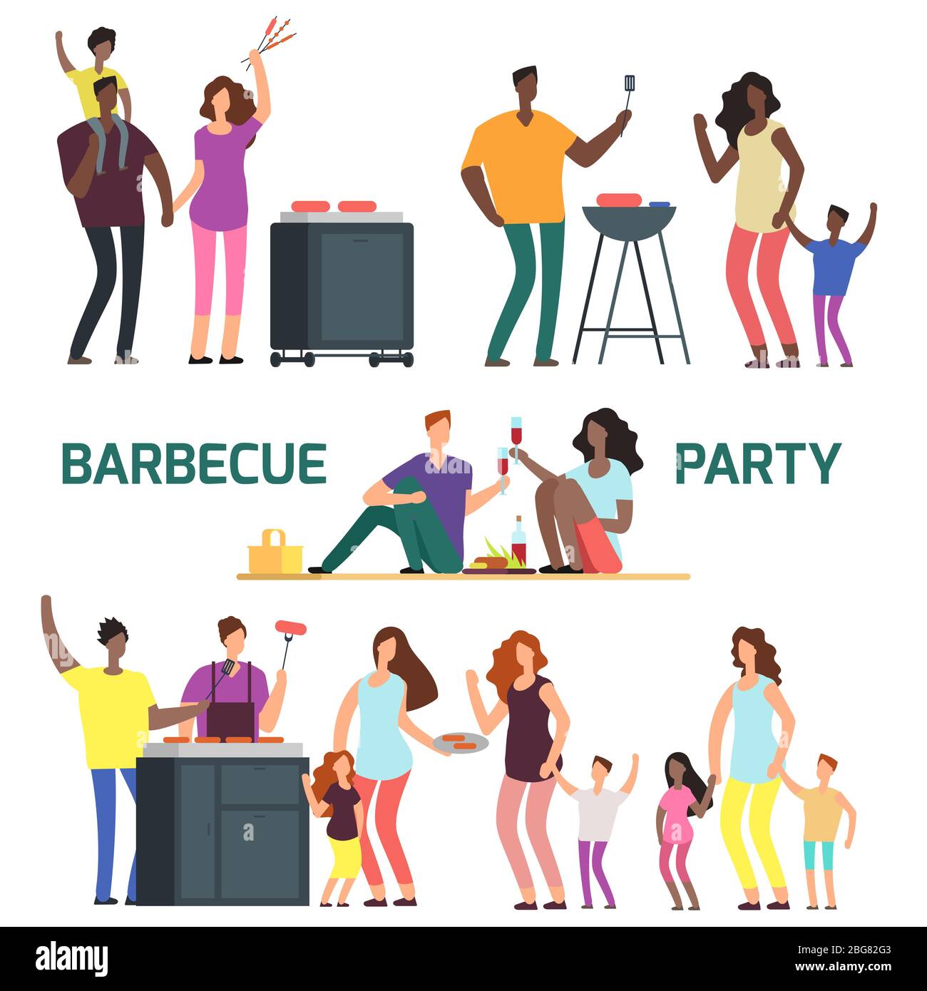 Barbeque party cartoon character families. Flat characters resting on bbq vector set illustration Stock Vector