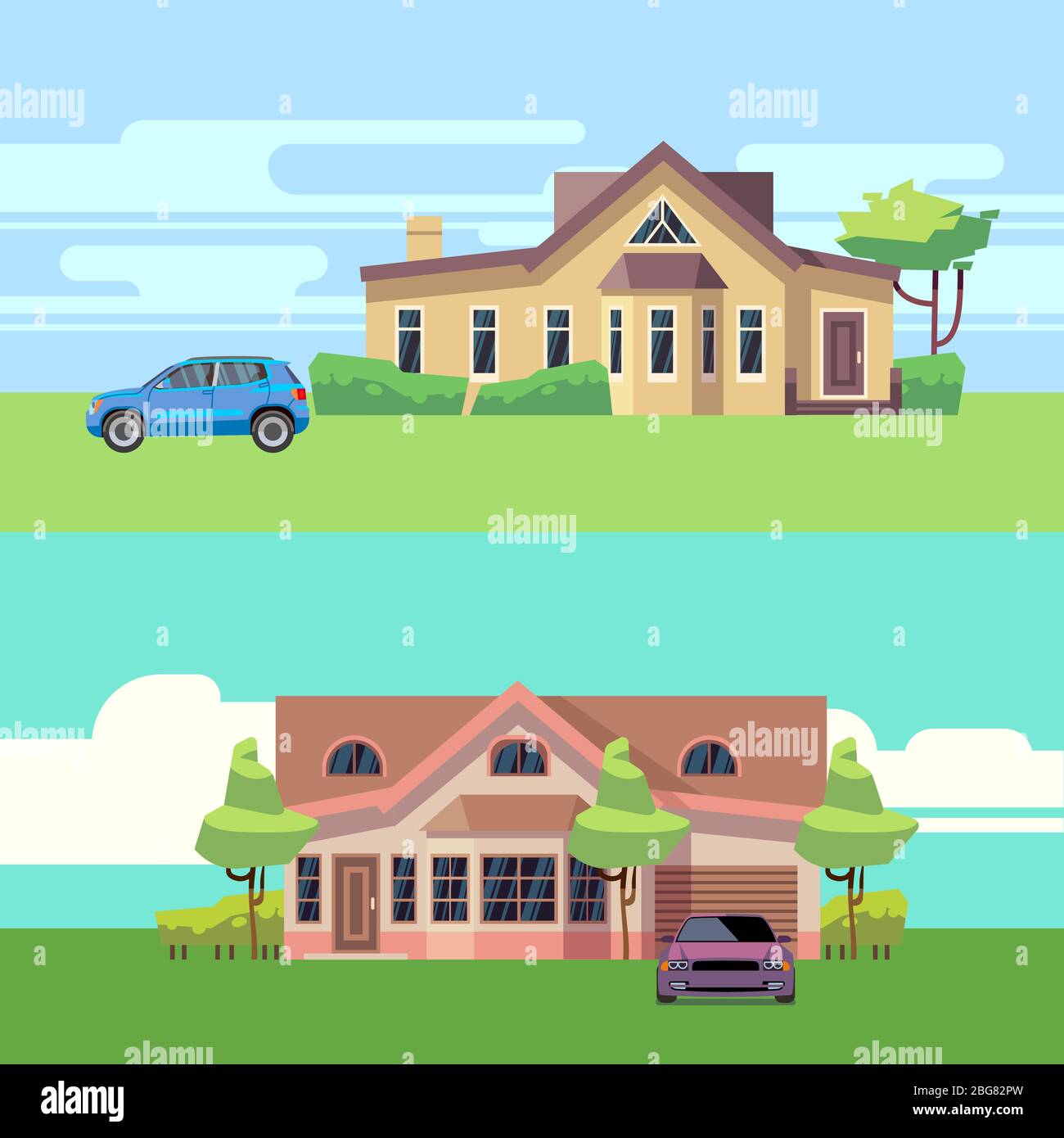 Vector horizontal banners with houses with cars. Flat vector illustration. Car and building architecture, automobile and cottage Stock Vector