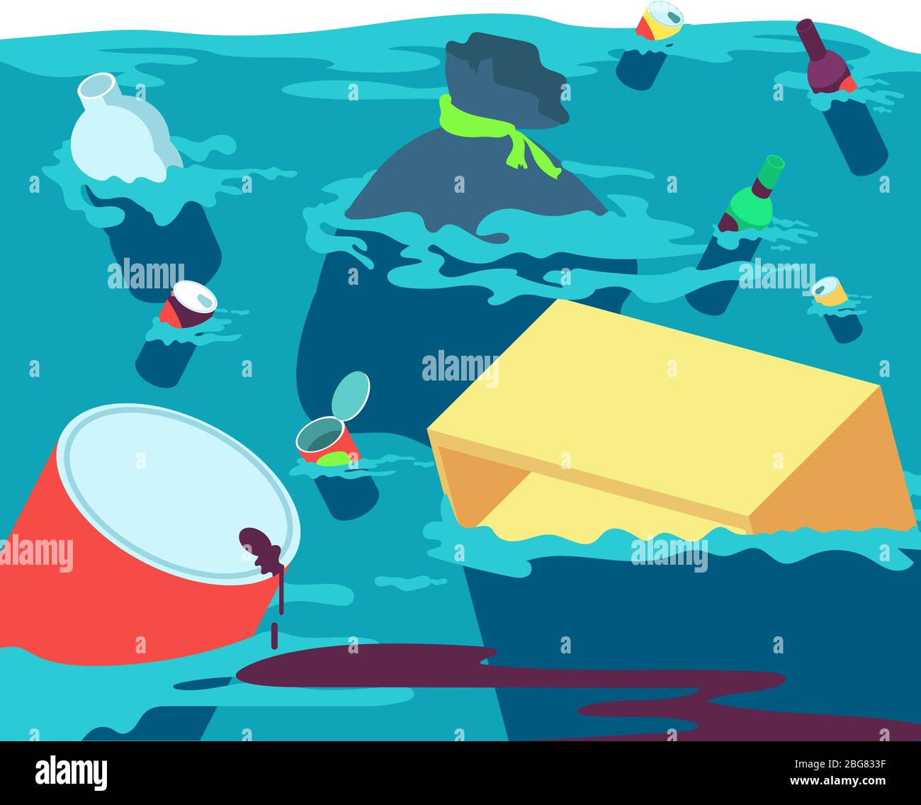 Polluted water. Fishes dirty river with trash and plastic. Freshwater pollution vector concept. Illustration of dirty trash in water river, polluted o Stock Vector