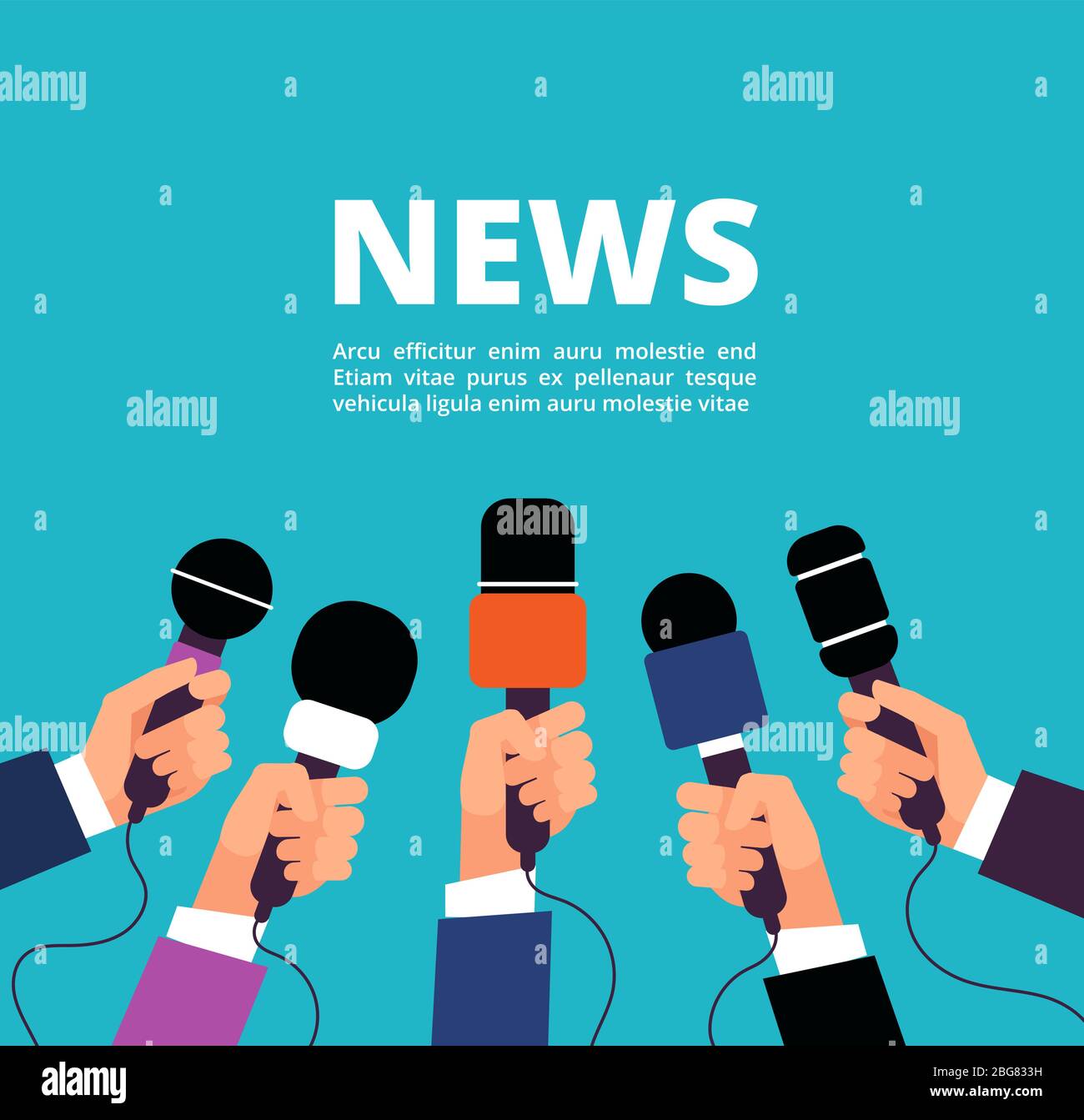 News concept with microphones. Broadcasting, interview and communication vector banner with handa holding microphones. Illustration of microphone for news, broadcasting live news Stock Vector