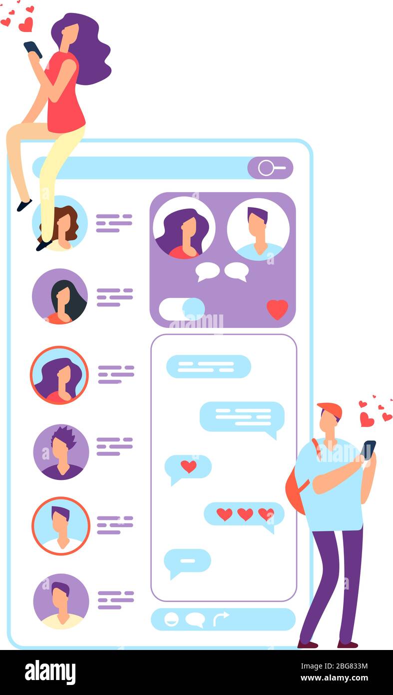 Woman and man online dating. Couple chatting with phone or website application. Romantic meeting and love relationships vector concept. Couple love, relationship dating online illustration Stock Vector