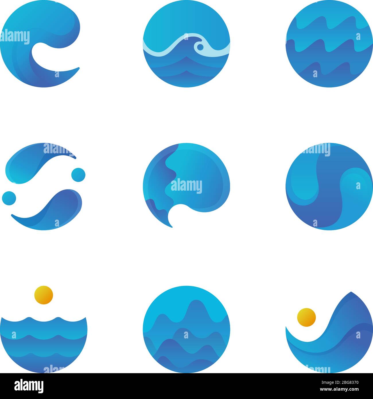 Sea surface, ocean waves logos and water labels. Swimming pool badges. Isolated vector set. Sea wave water ocean emblem collection illustration Stock Vector