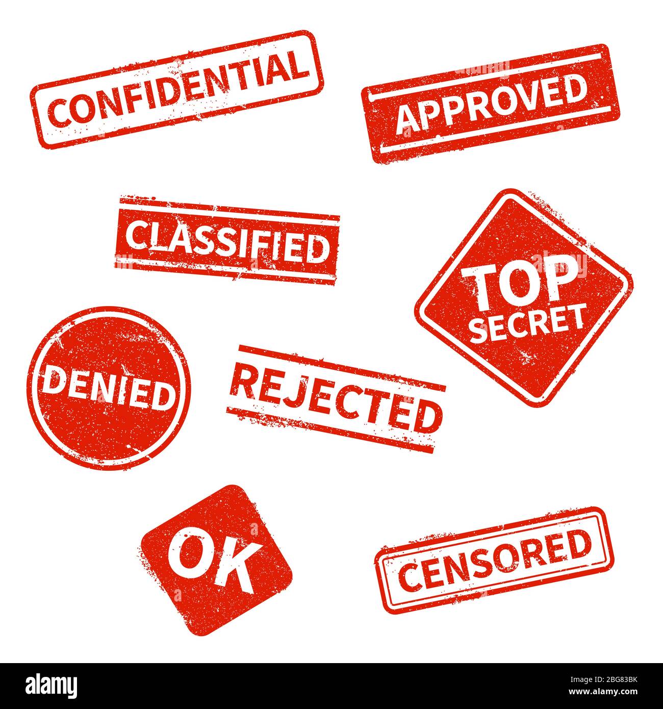 Top secret, rejected, approved, classified, confidential, denied and censored red grunge business stamps isolated on white background. Vector print vintage, imprint denied rubber stamp illustration Stock Vector