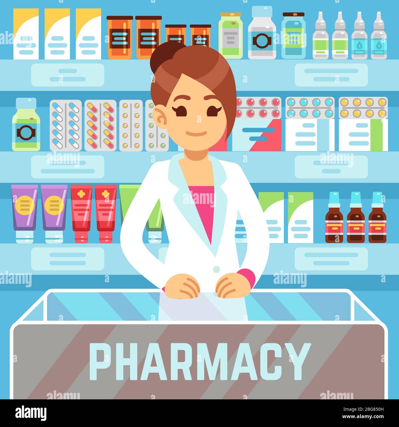 Happy young woman pharmacist sells medications in pharmacy interior. Pharmacology and healthcare vector concept. Medical shop and store, pharmaceutica Stock Vector