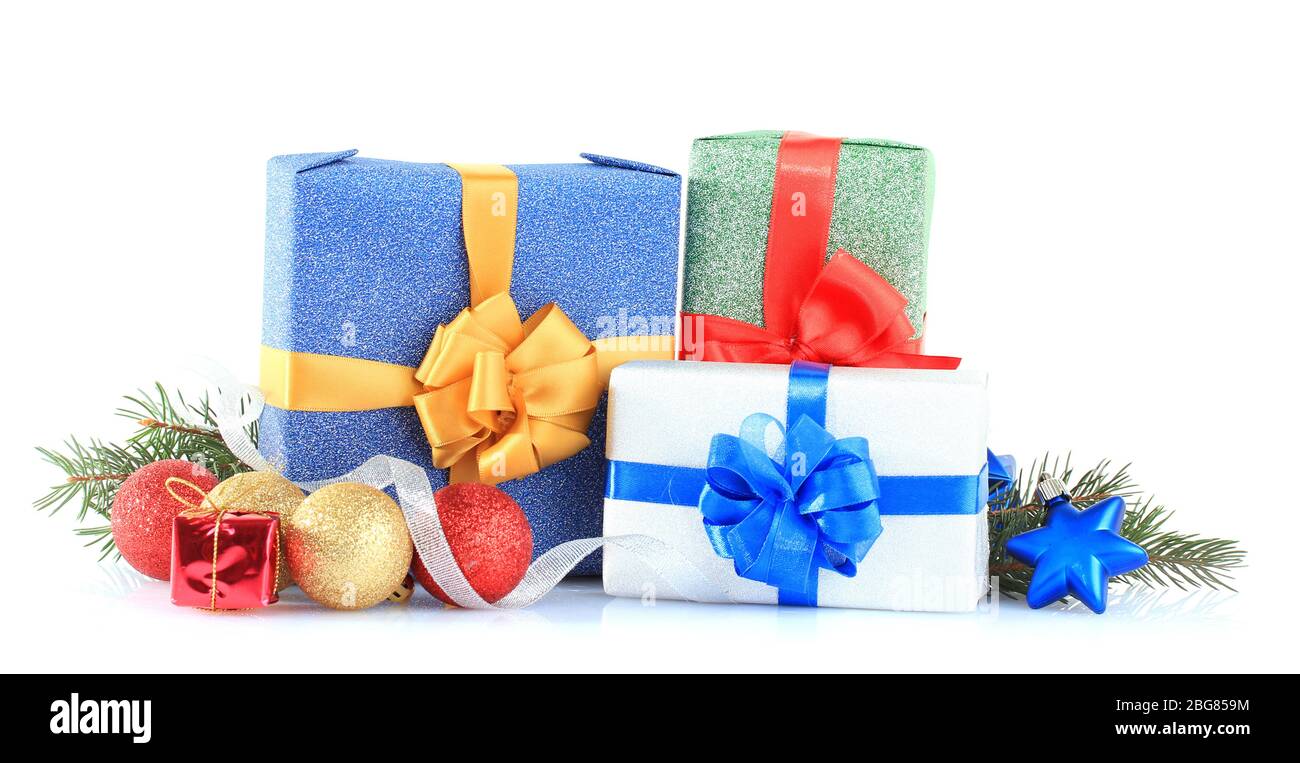 Beautiful bright gifts and christmas decor, isolated on white Stock ...