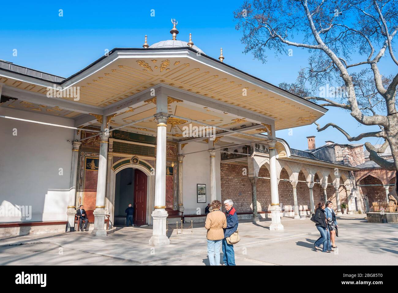 Istanbul, Turkey, 09 April 2007: Topkapi Palace, 2nd Courtyard, Second Cpurtyard, Gate of Felicity, Ottoman Calligraphy and Wisitors Stock Photo