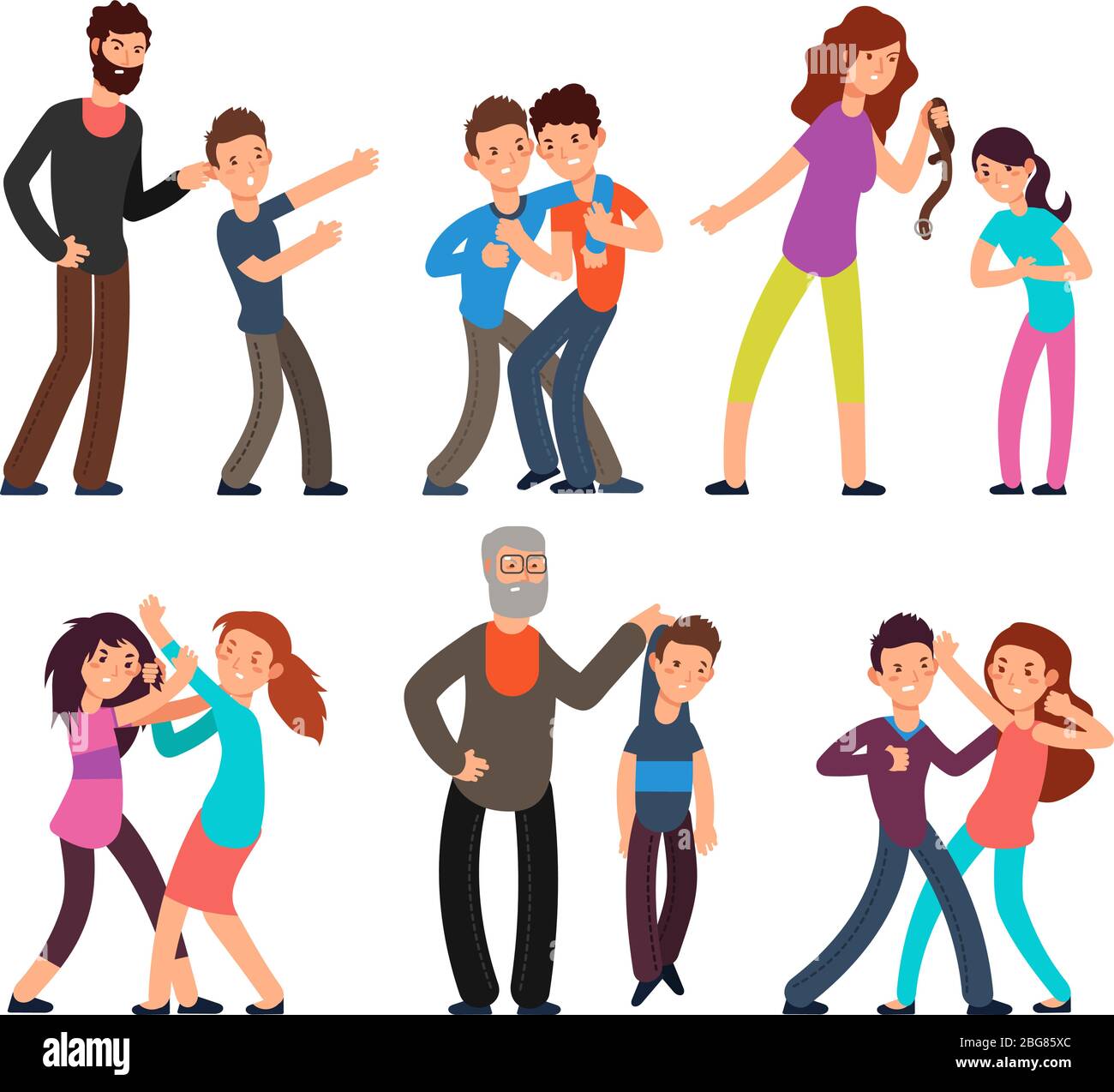 Bullying people. Students, kids fighting with angry parents and each other. Vector characters set. Conflict child fight, mother or father violence teenager illustration Stock Vector