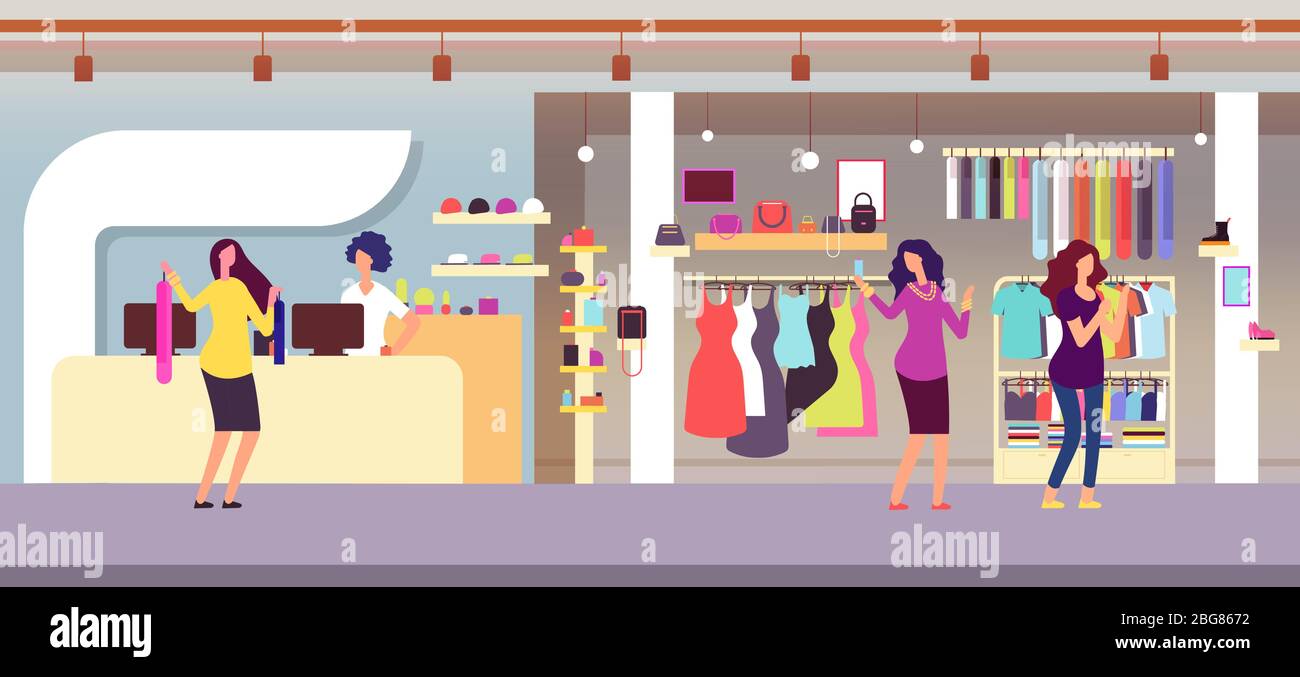 Fashion store. Shopping women in boutique with femele clothes and accessories. Clothing shop interior flat vector illustration. Boutique store, interior elegance retail showroom Stock Vector