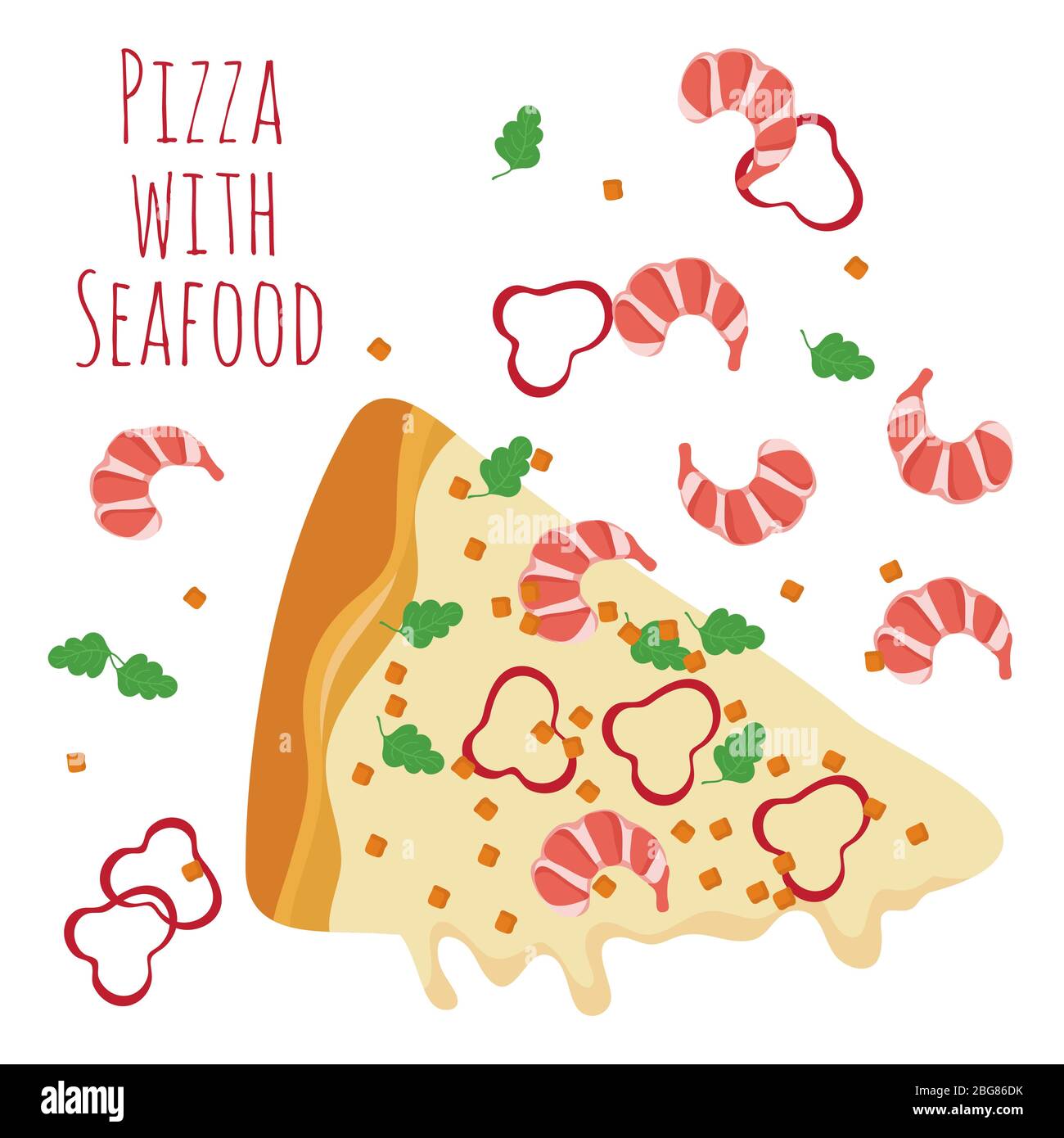 Seafood pizza slice with ingredients isolated on white. Vector illustration banner and poster Stock Vector