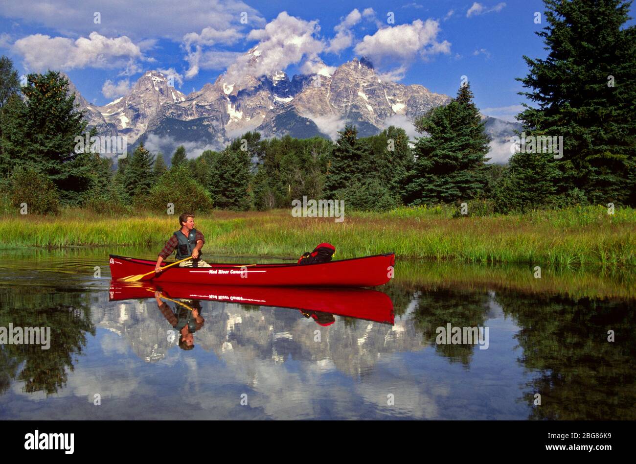Canoeing on the Snake River, Grand Teton National Park, WY USA Stock Photo