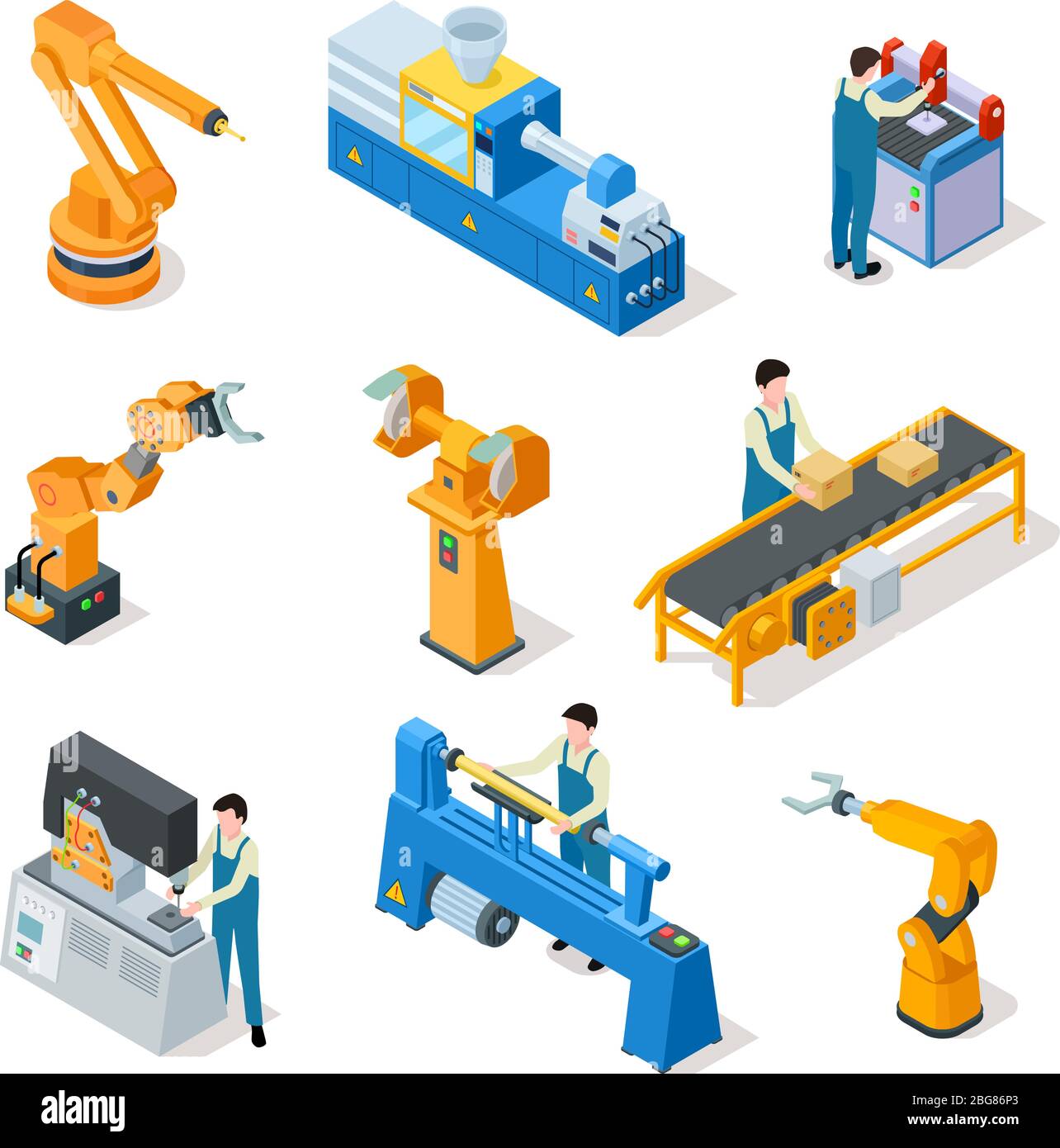 Industrial robots. Isometric machines, assembly line elemets and robotic arms with workers. 3d manufacturing technologies vector set. Robot mechanical automation, machine production illustration Stock Vector