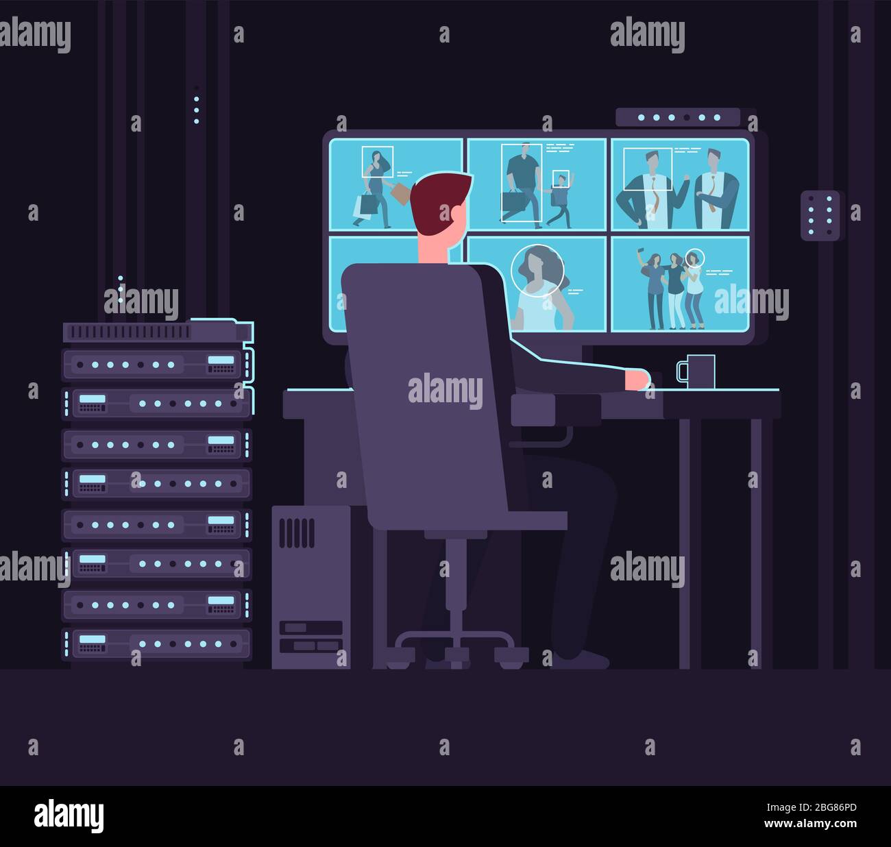 Surveillance monitoring room. Man watching surveillance camera on monitor in dark control room. Security service and cctv vector concept. Surveillance guard control, watching man screen illustration Stock Vector