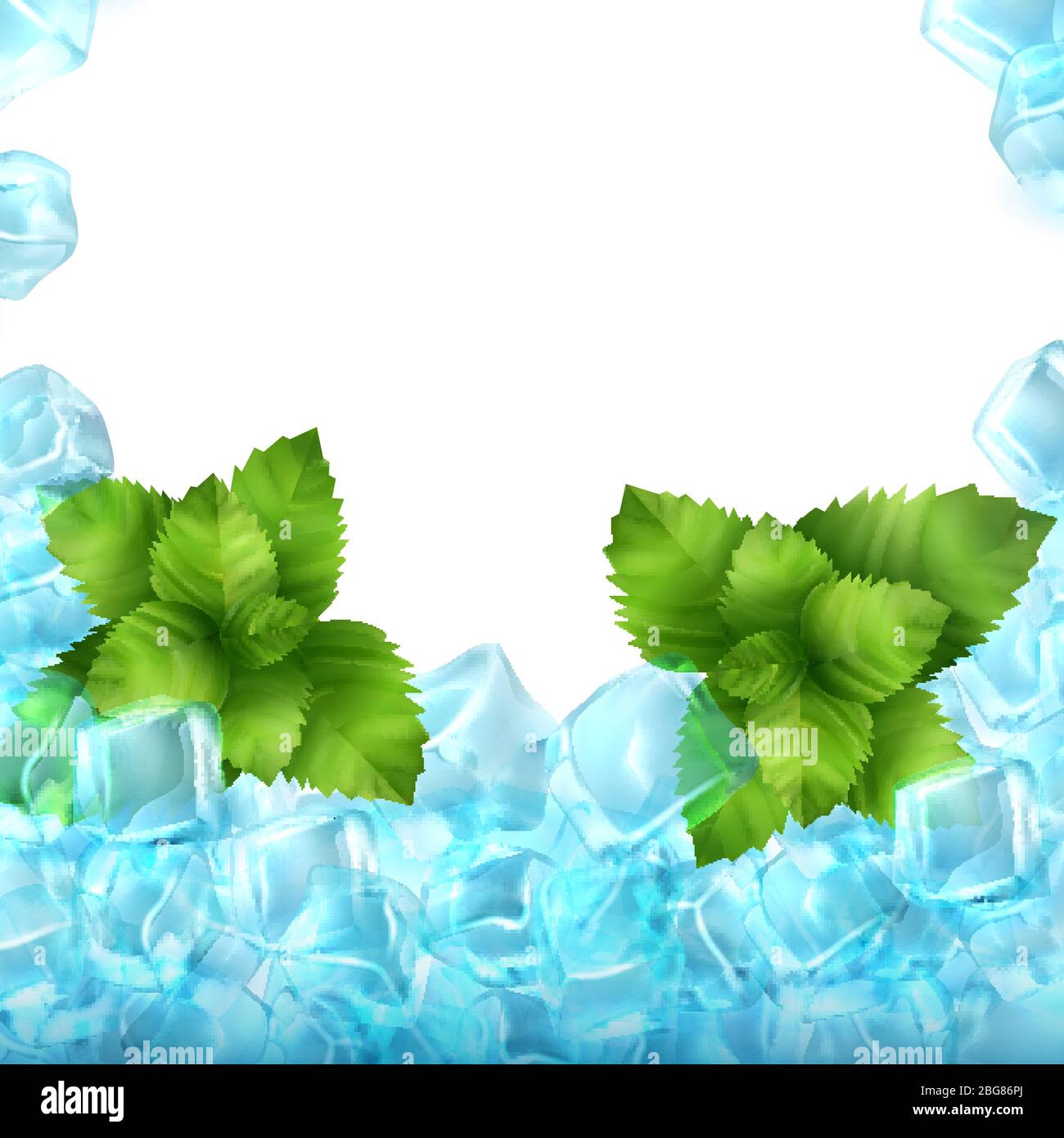 Realistic ice cubes and mint isolated on white background. Vector food and drink ads template illustration Stock Vector