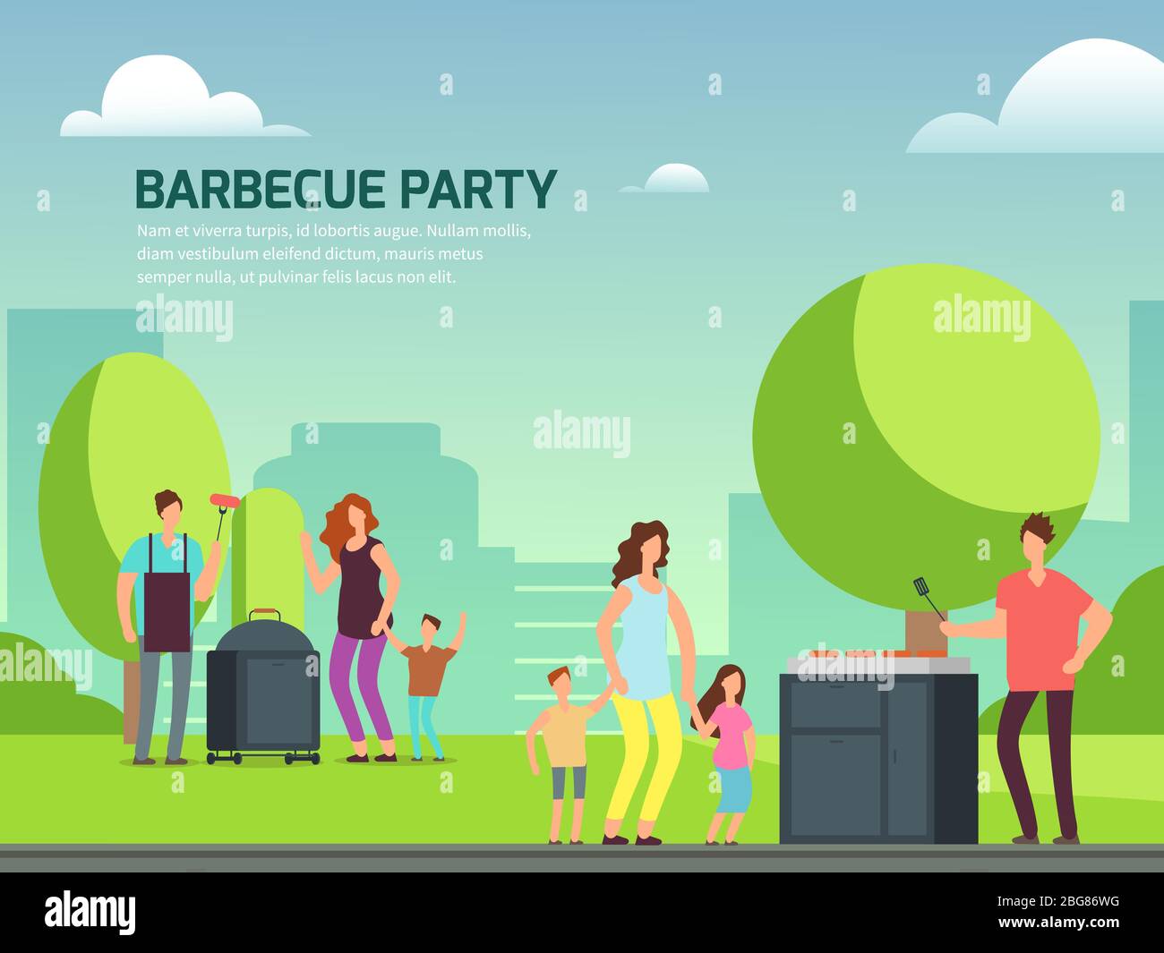 Barbeque party banner design. Cartoon character families in park vector illustration Stock Vector