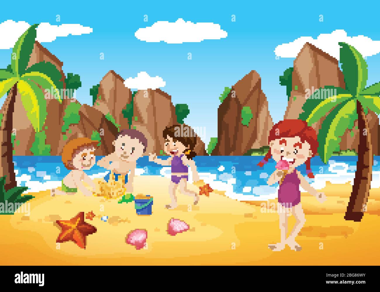 Ocean scene with people having fun on the beach illustration Stock Vector  Image & Art - Alamy