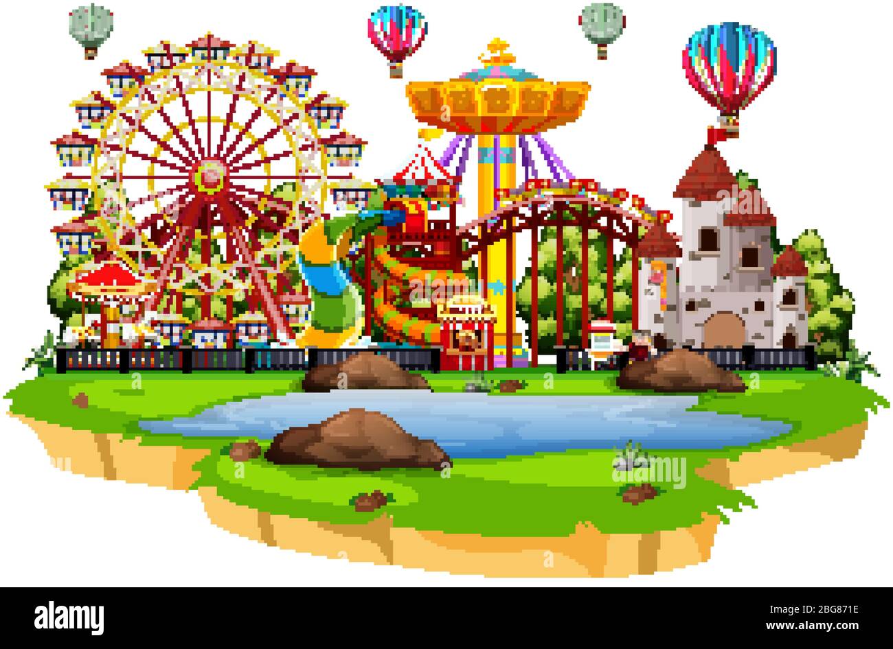 Scene with many rides in the funpark on white background illustration ...