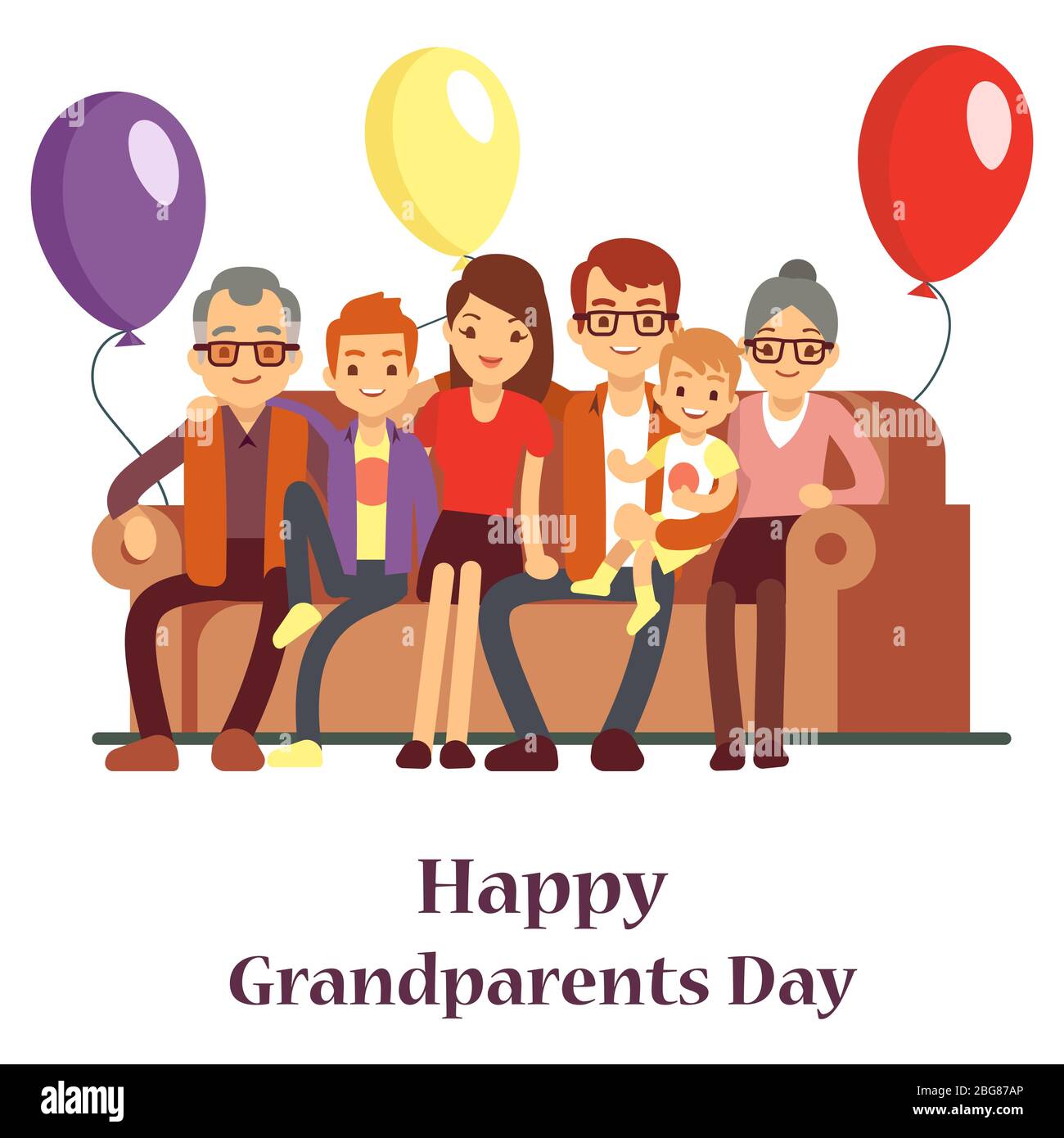 Happy family with grand mother and grandfather. Grandparents Day poster with cartoon character people. Vector grandma and grandpa with grandchildren i Stock Vector