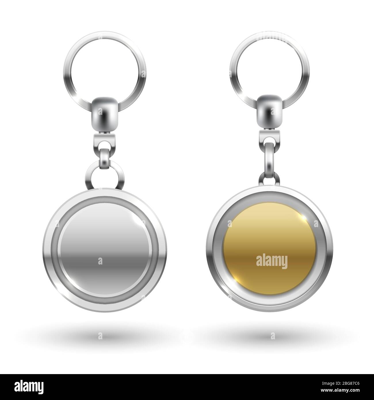 Realistic silver and gold keychains in different round shapes isolated on white background. Vector illustration Stock Vector