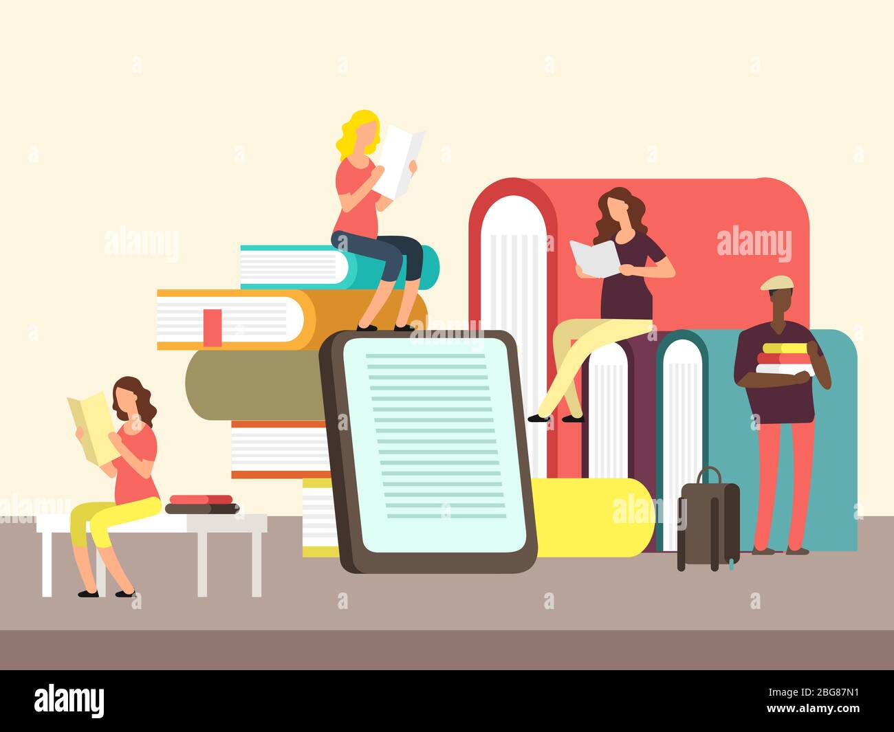 Man and woman reading books. Book festival vector poster and banner. Cartoon people and book creative idea cartoon flat concept. Vector illustration Stock Vector