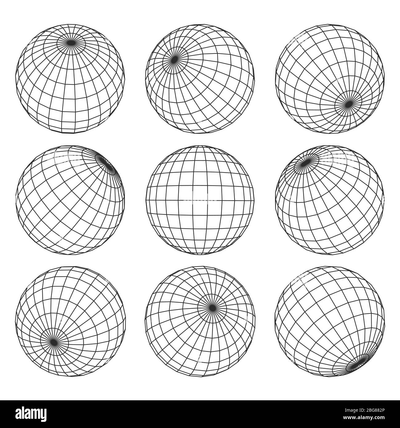 Globe grid. 3d sphere wires, earth network vector isolated set. Line sphere network, wire global grid, latitude structure illustration Stock Vector