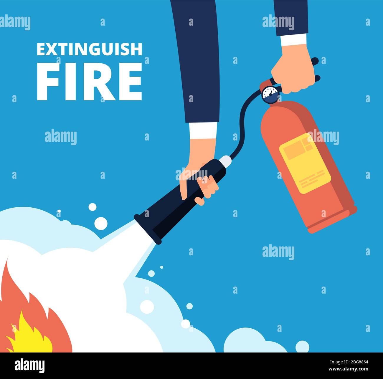 Extinguish fire. Fireman with fire extinguisher. Emergency training and protection from flame vector concept. Illustration of protection and danger burn, security accident Stock Vector